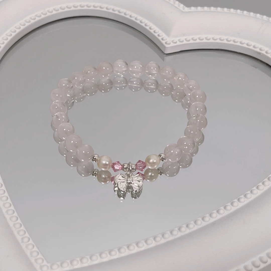 74粉水晶施华洛淡水珍珠s925银蝴蝶结手链多样性发货（不完美）