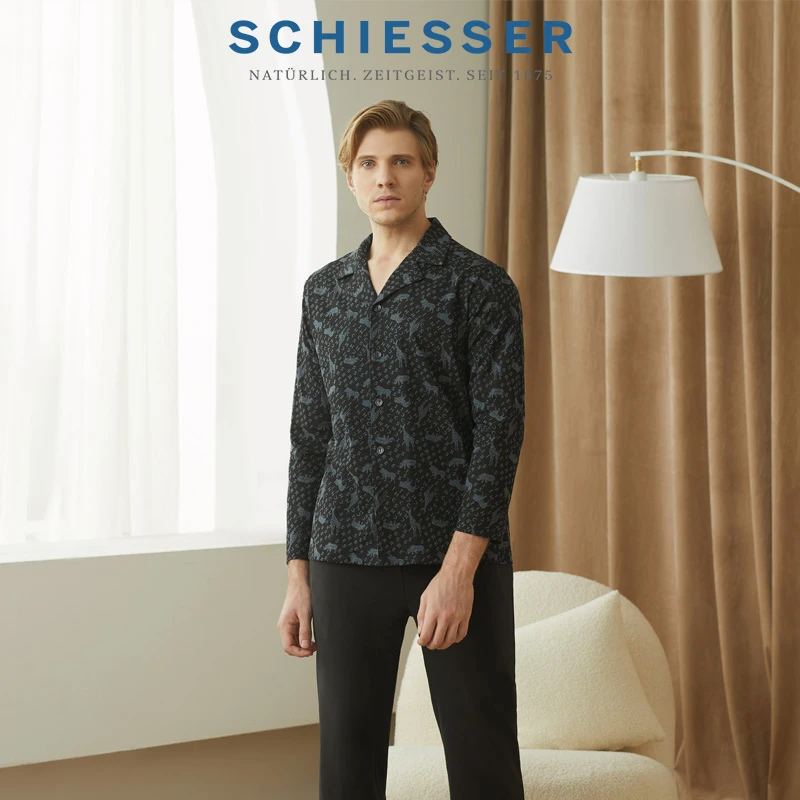 SCHIESSER舒雅棉质亲肤印花翻领男士长袖睡衣家居服套装20353H