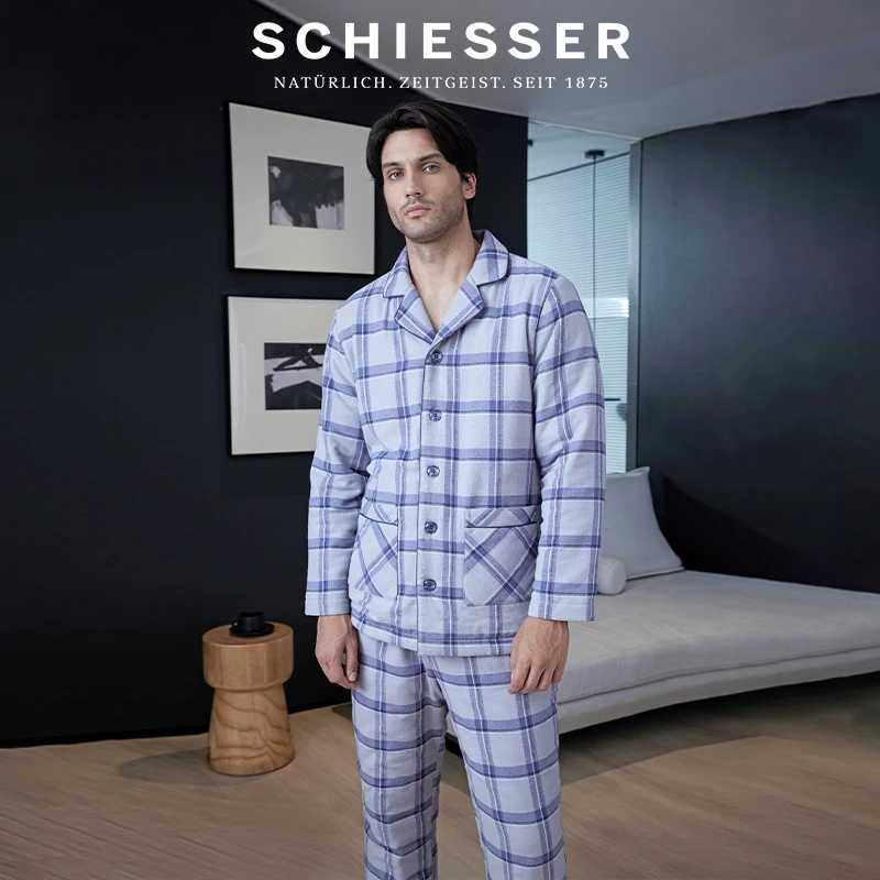 SCHIESSER舒雅秋季新品男士夹棉格子小翻领睡衣家居服套装21788H