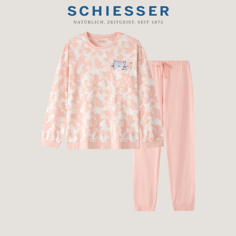 SCHIESSER舒雅女士40S棉质双面布印花圆领睡衣家居服套装21512H
