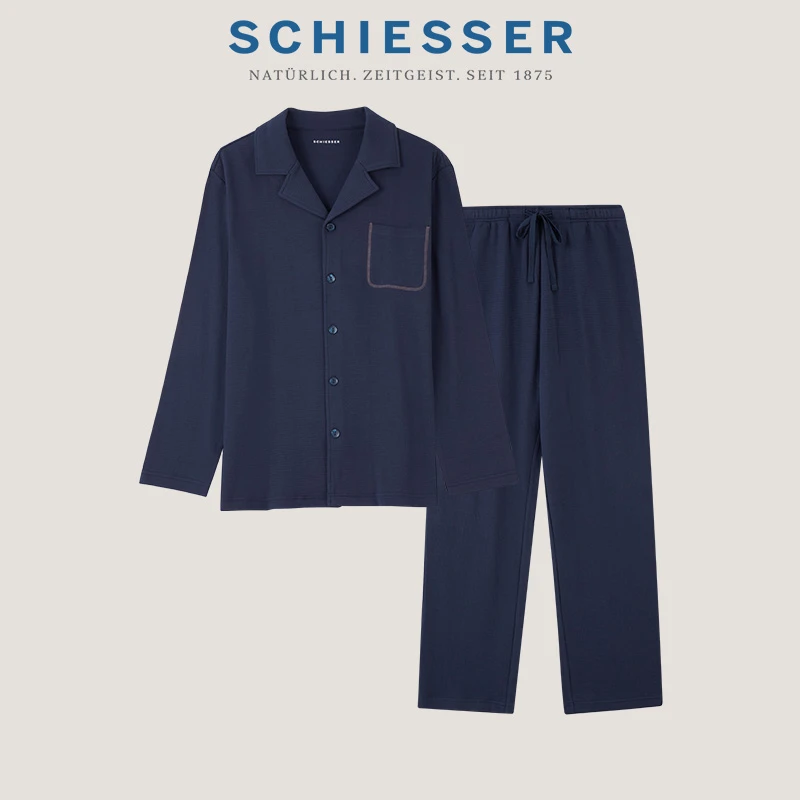 SCHIESSER舒雅23秋新品男士棉肌理华夫格透气翻领家居套装睡衣