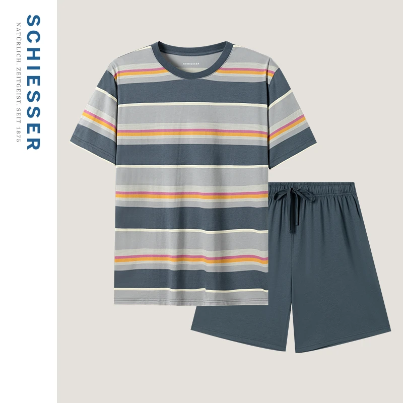 SCHIESSER舒雅早春新品男士棉莫代尔条纹睡衣家居服套装22574