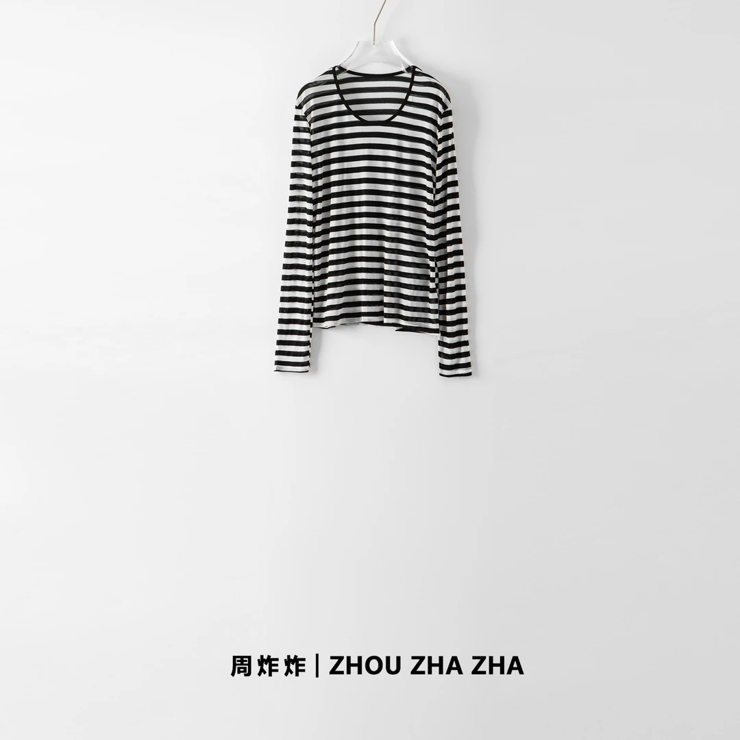 【周炸炸】圆领长袖T恤女时尚休闲百搭条纹T恤#242987
