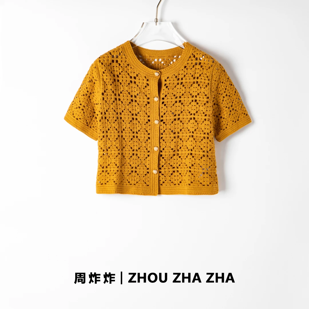 【周炸炸】夏季新款2024衬衫女时尚镂空短款开衫衬衫#240106