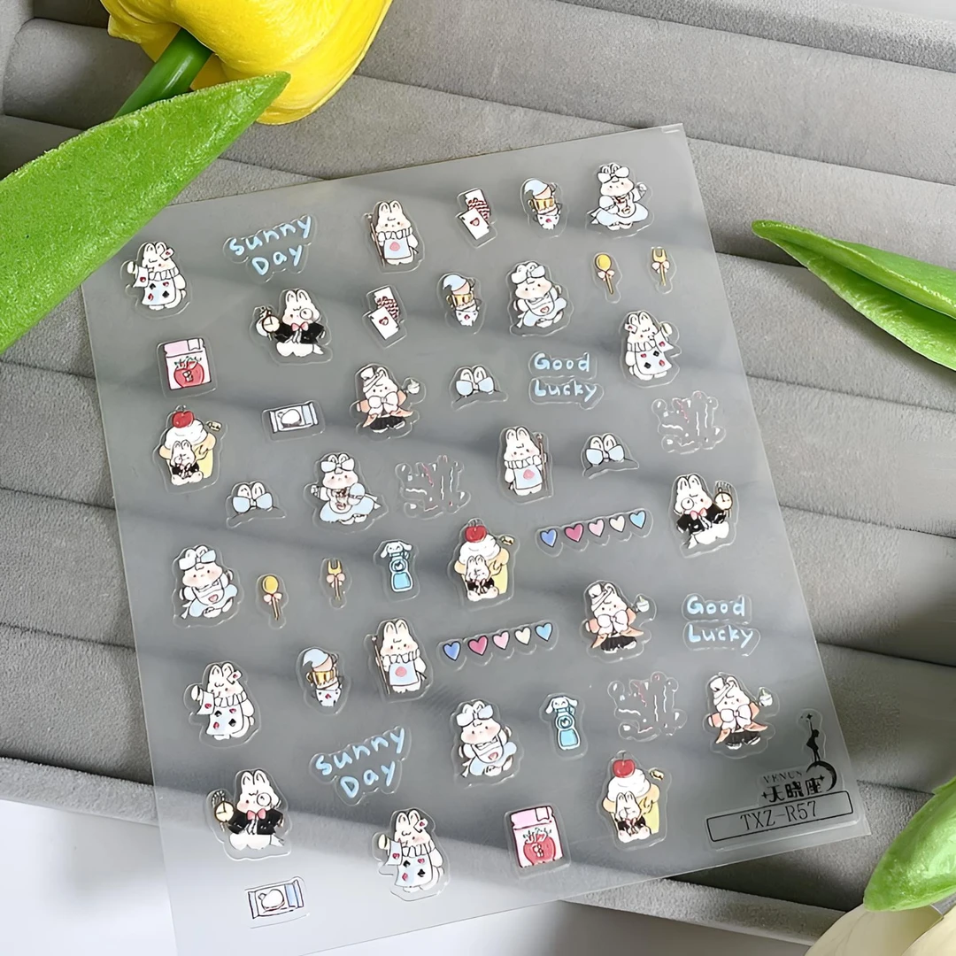 【蓝色兔子】爆款松弛感可爱蓝色兔子浮雕三张同款美甲贴片便签装饰