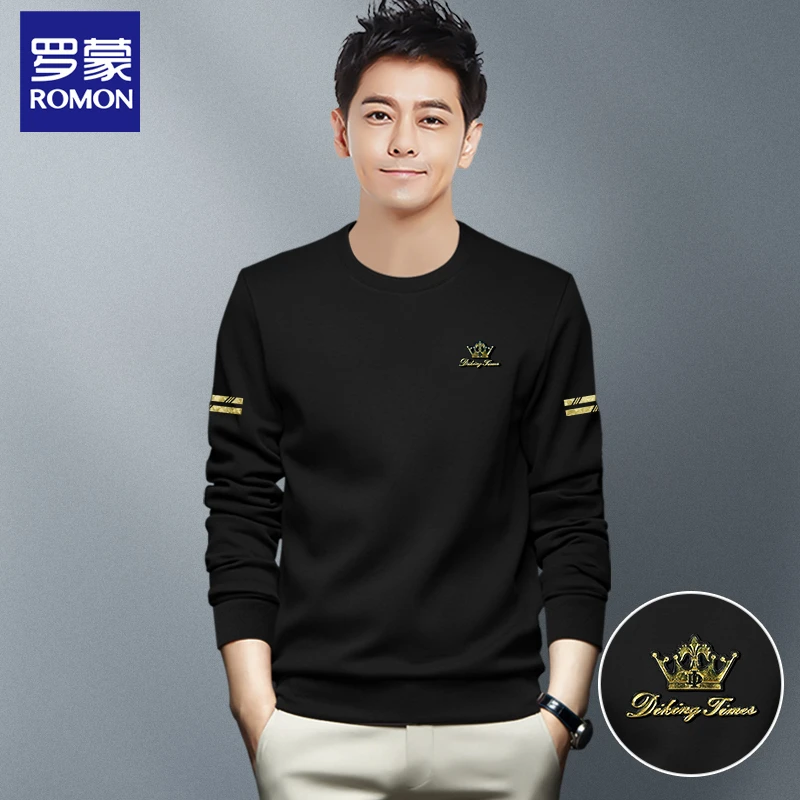 Romon/罗蒙RM3815圆领卫衣长袖高档男装休闲时尚百搭印花宽松秋冬