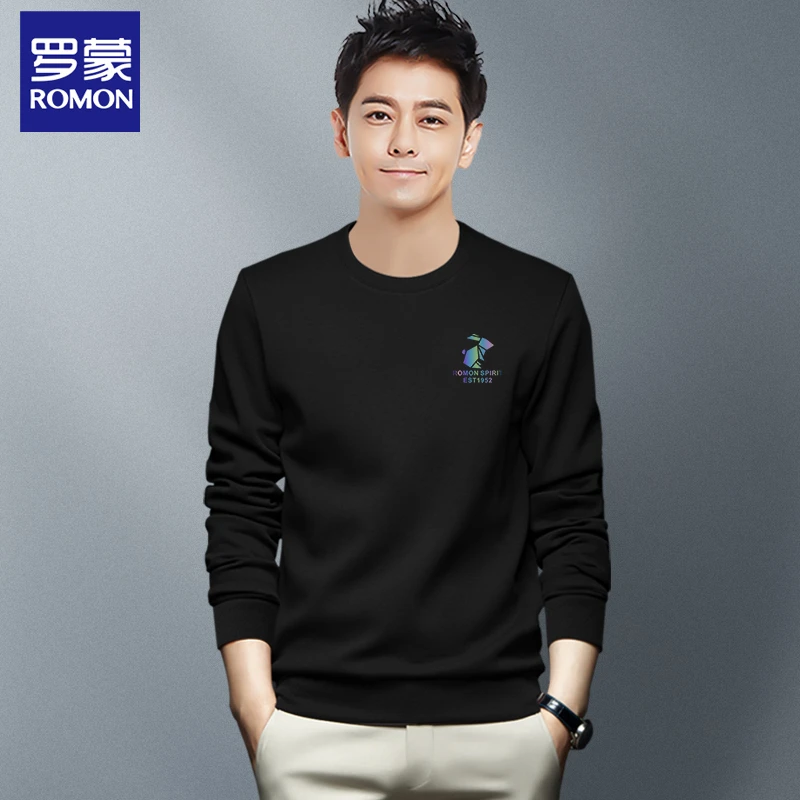 Romon/罗蒙3333秋冬新款圆领卫衣男装打底中青年印花套头外穿上衣