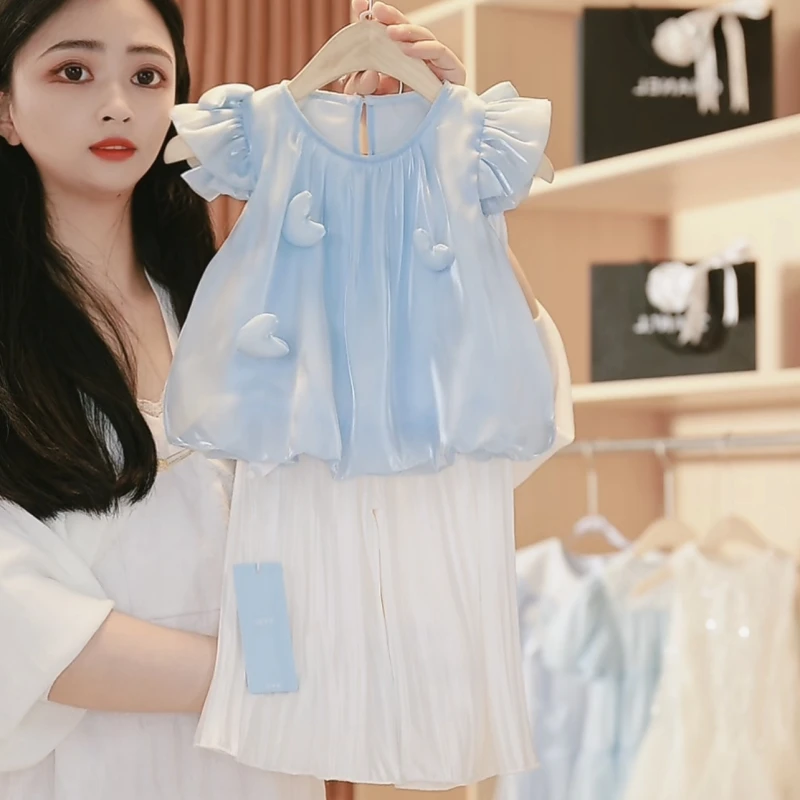 【媛媛妈专属】夏季女童新款飞飞袖娃娃衫无袖上衣宽松防蚊裤两件套