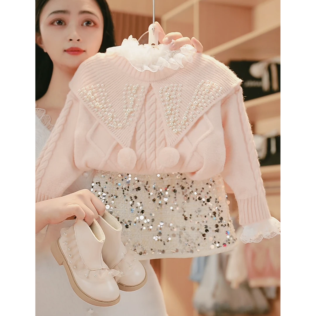 【媛媛妈专属】秋冬季女童新款洋气针织上衣女孩甜美钉珠大翻领毛衣