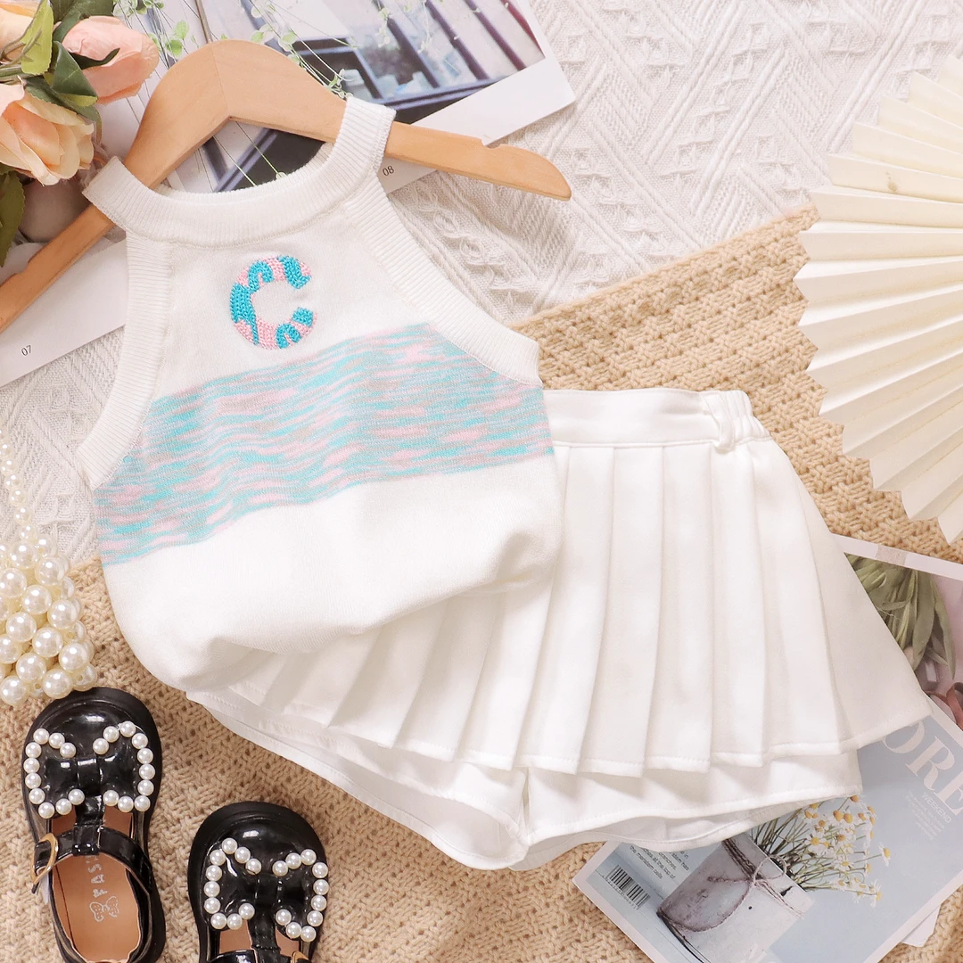【媛媛妈专属】夏季女童套装新款时髦针织背心百褶半身裙两件套
