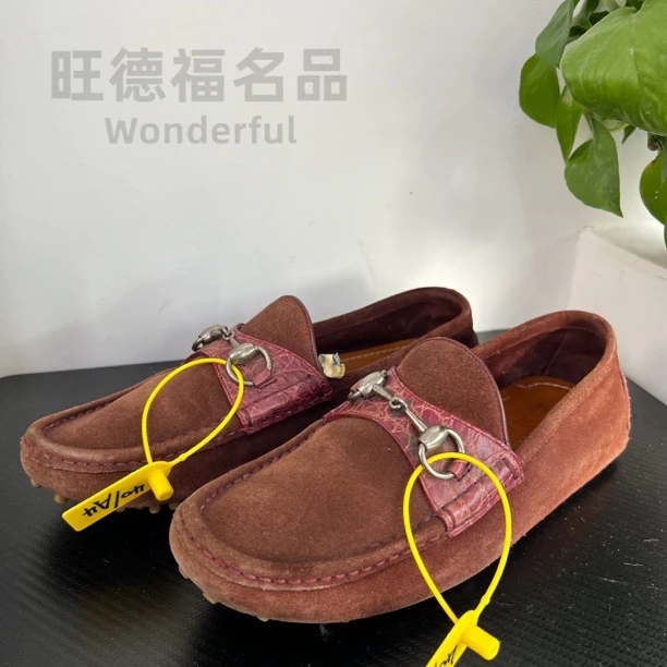 GUCCI/古驰40欧码棕麂皮马蹄扣豆豆鞋一脚蹬成色自定义wdf303