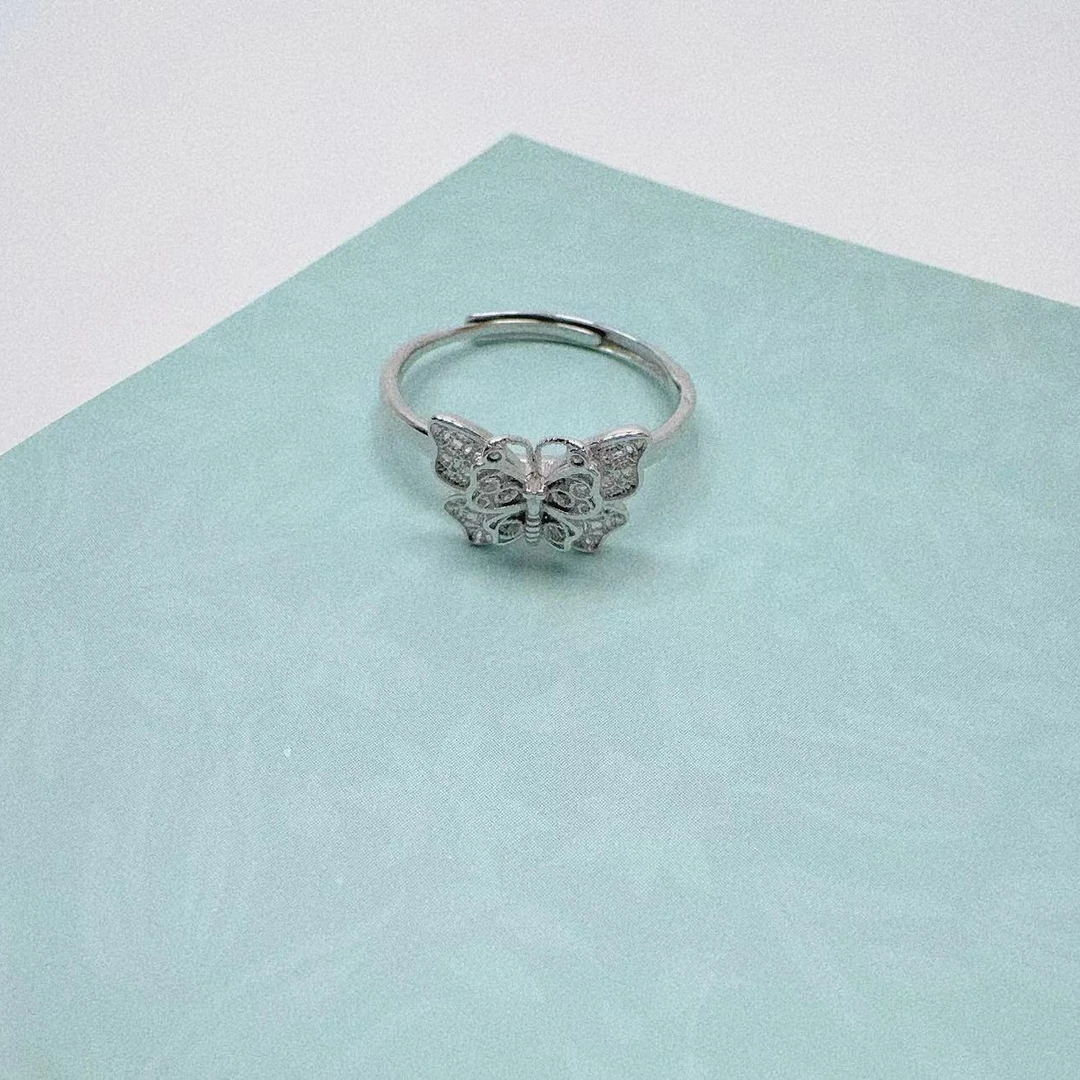 925银戒指 925银时尚镂空双层经典蝴蝶可调节戒指气质女戒