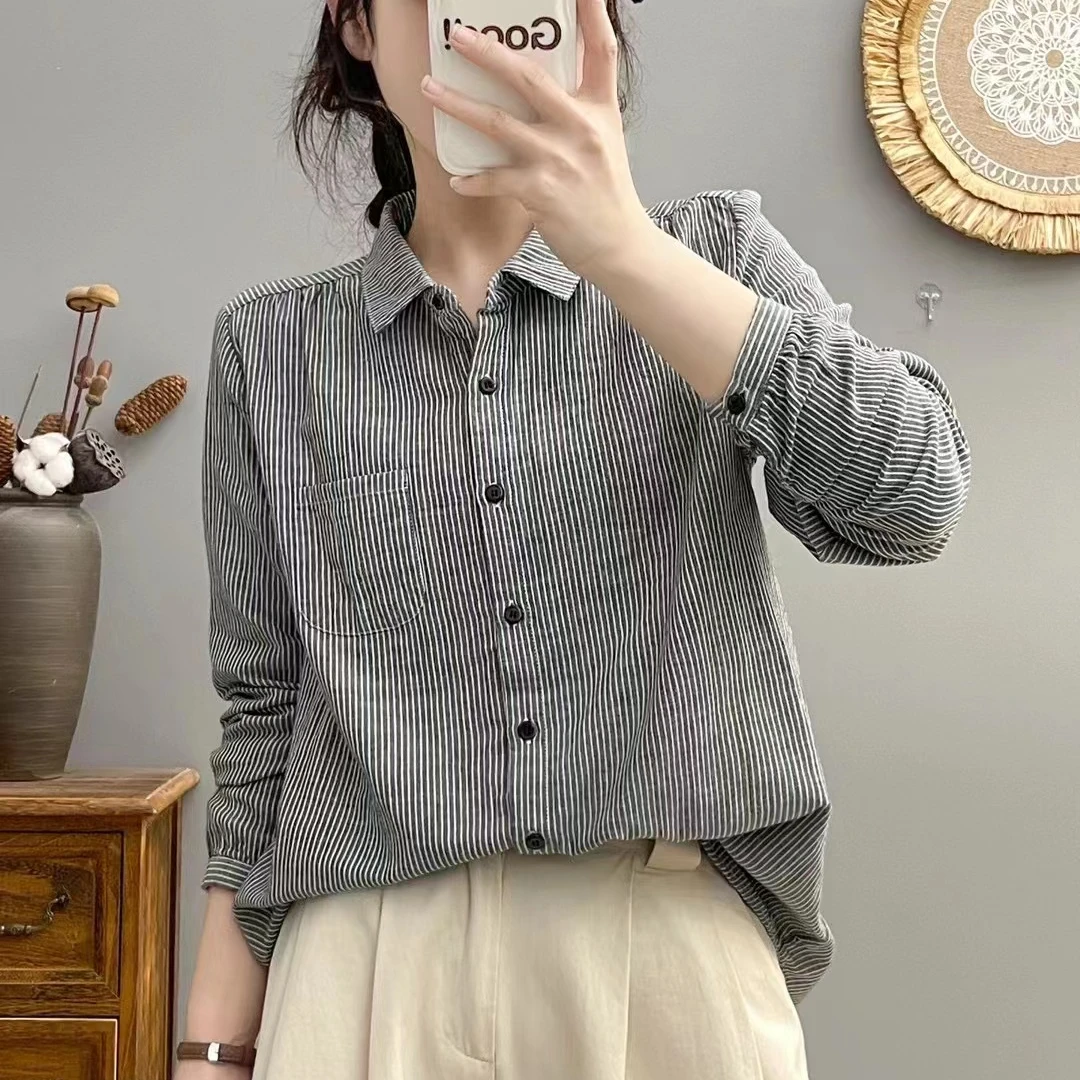2025秋季新款条纹衬衫双层棉纱长袖女上衣外套宽松休闲百搭