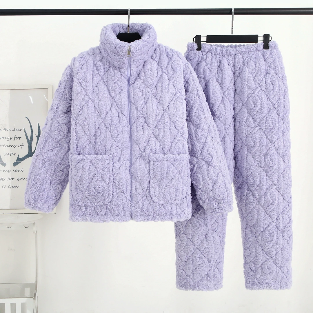 拉链立领睡衣加厚女冬季法兰绒三层夹棉加绒家居服可外穿简约时尚