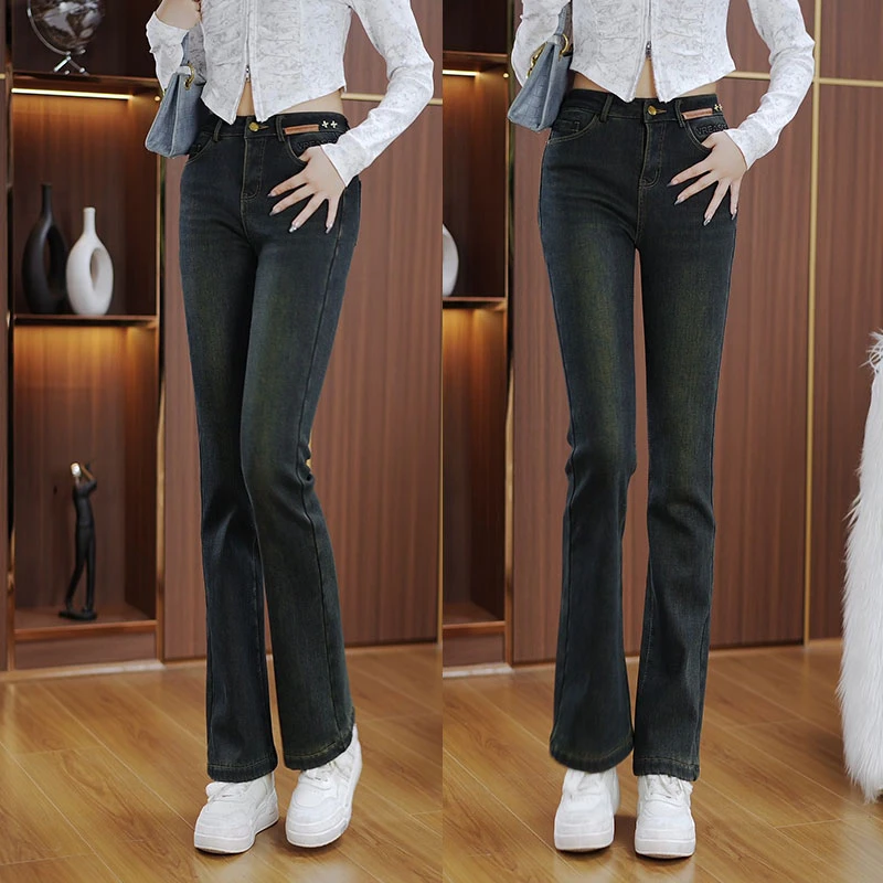 加绒加厚微喇牛仔裤女冬季2023年新款高腰显瘦显高复古牛仔喇叭裤