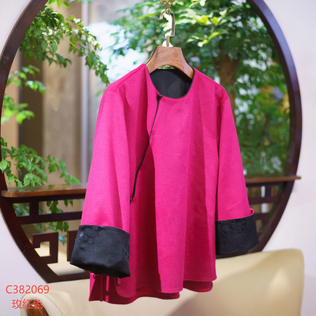 【锦·系】羊毛新中式桑蚕丝袖口撞色圆领斜襟长袖上衣C-382069