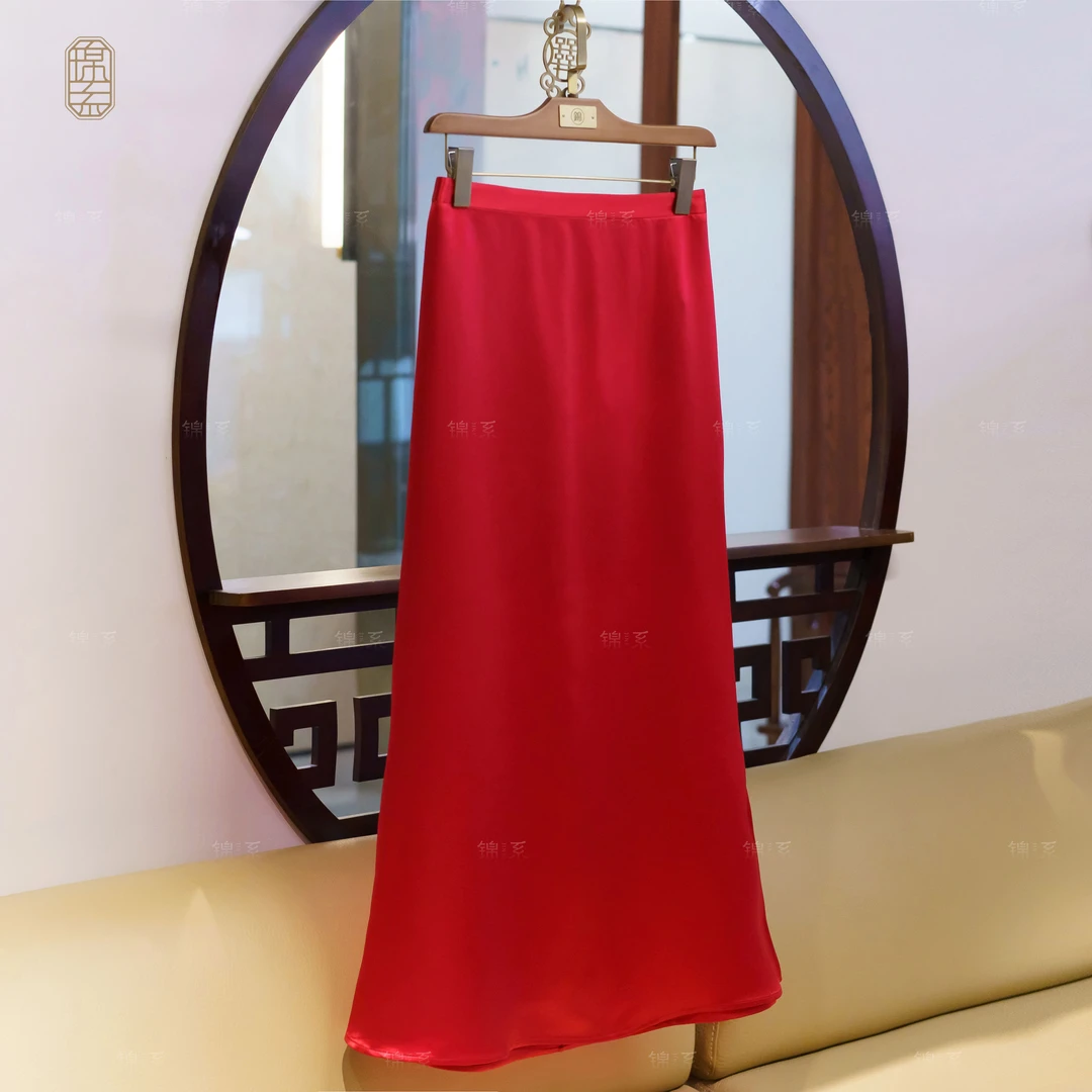【锦·系】丝毛缎新中式国风桑蚕丝后松紧腰半裙Q-382312