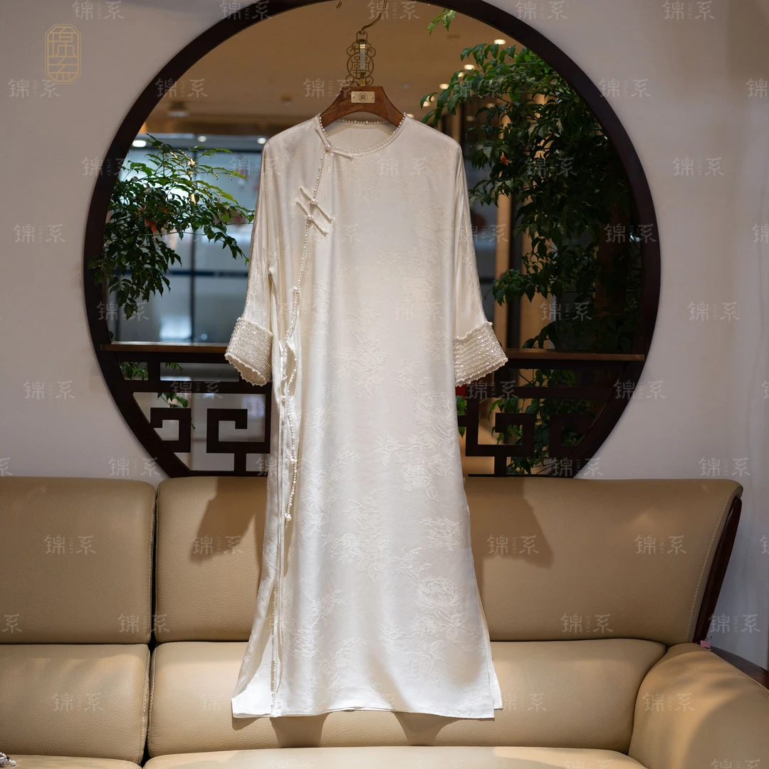 【锦·系】真丝提花新中式桑蚕丝钉珠七分袖连衣裙L-36469-S3149961