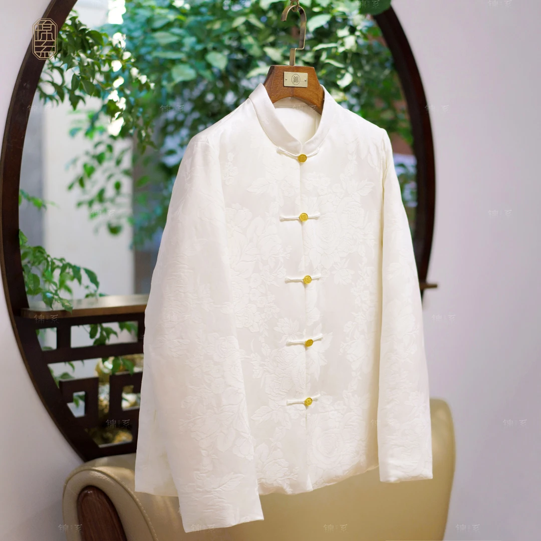 【锦·系】丝毛提花新中式国风桑蚕丝立领直襟长袖鹅绒服E-382170