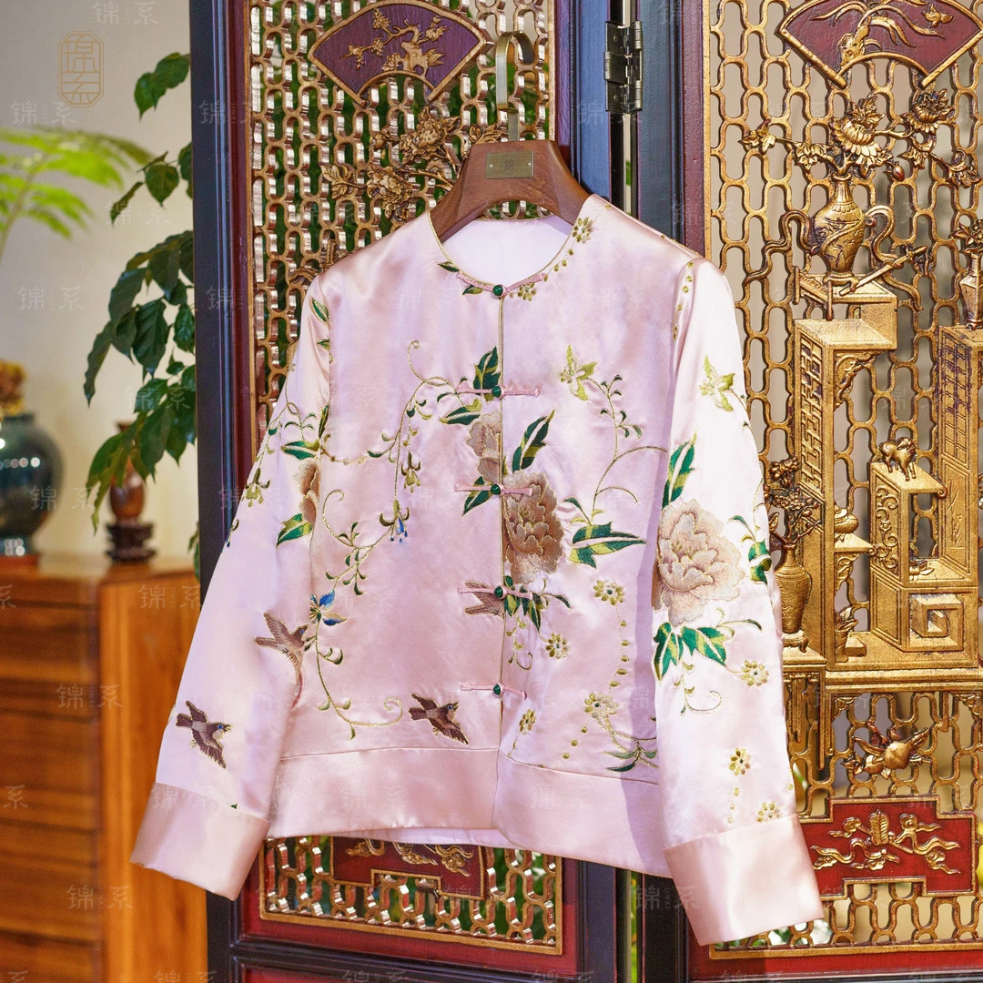 【锦系】丝毛缎新中式桑蚕丝绣花长袖加棉外套E-36918-S3149961