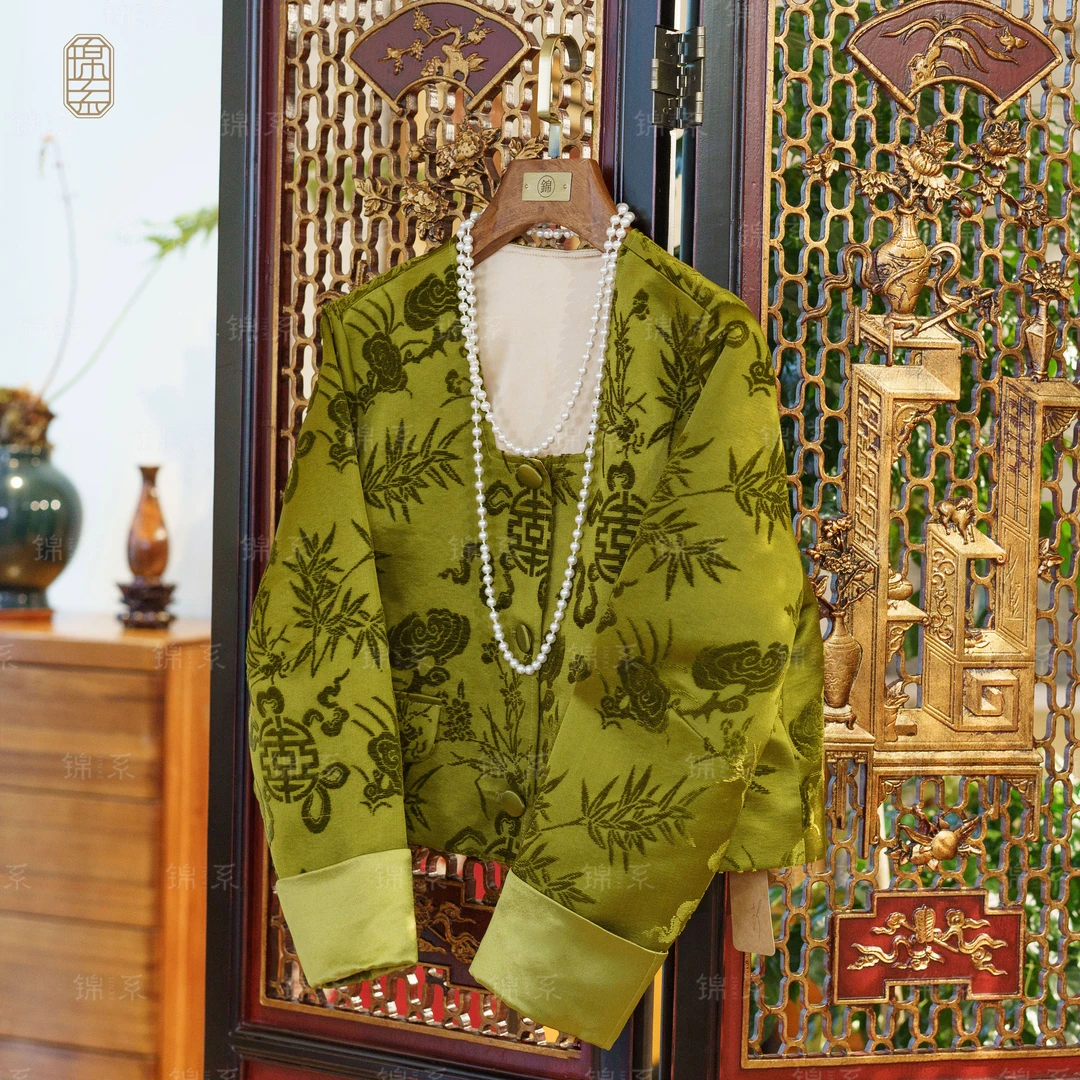 【锦系】漳绒新中式国风桑蚕丝V领长袖外套E-36957-ZRD4166778