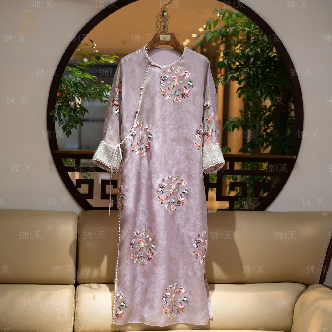 【锦·系】真丝欧根纱提花中式桑蚕丝长袖连衣裙L-36444-S3149961