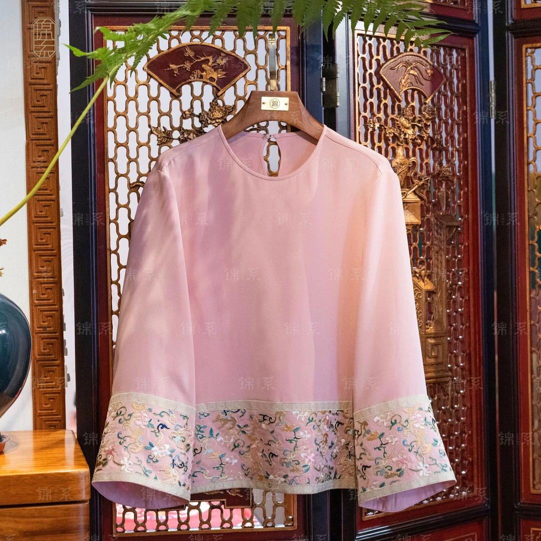 【锦系】30mm重绉中式桑蚕丝拼接圆领九分袖上衣E-36742-S3149961