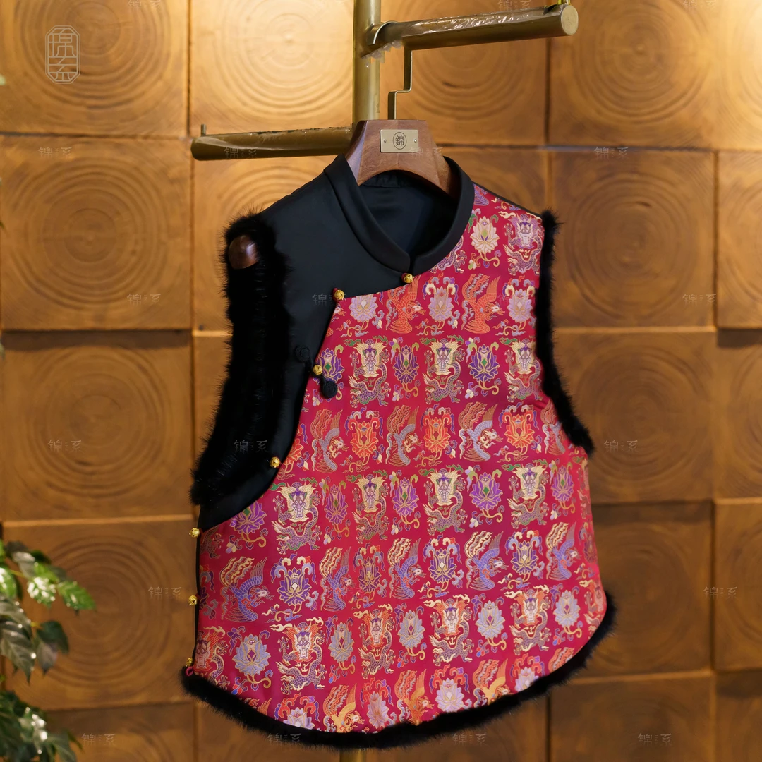 【锦系】上久楷宋锦拼磨砂皮新中式桑蚕丝加棉马甲背心E-382278