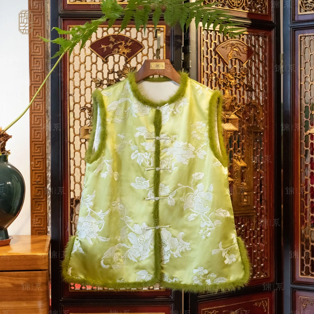 【锦系】丝毛缎拼水貂毛边新中式桑蚕丝加棉马甲E-36752-S3149961