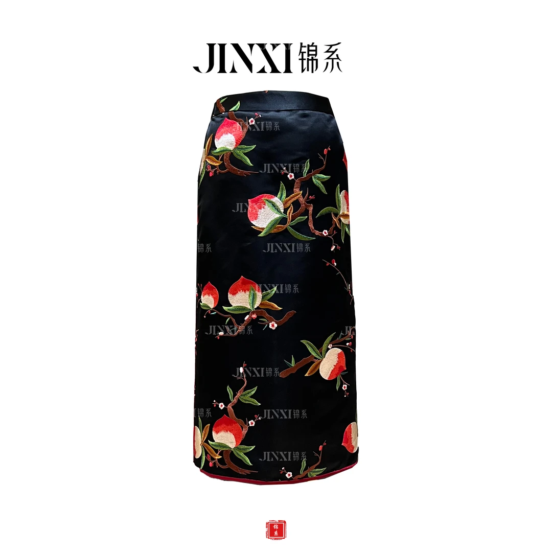 【锦系~新款】Q-31967丝毛缎国风桑蚕丝侧边开叉绣花半裙S3149961