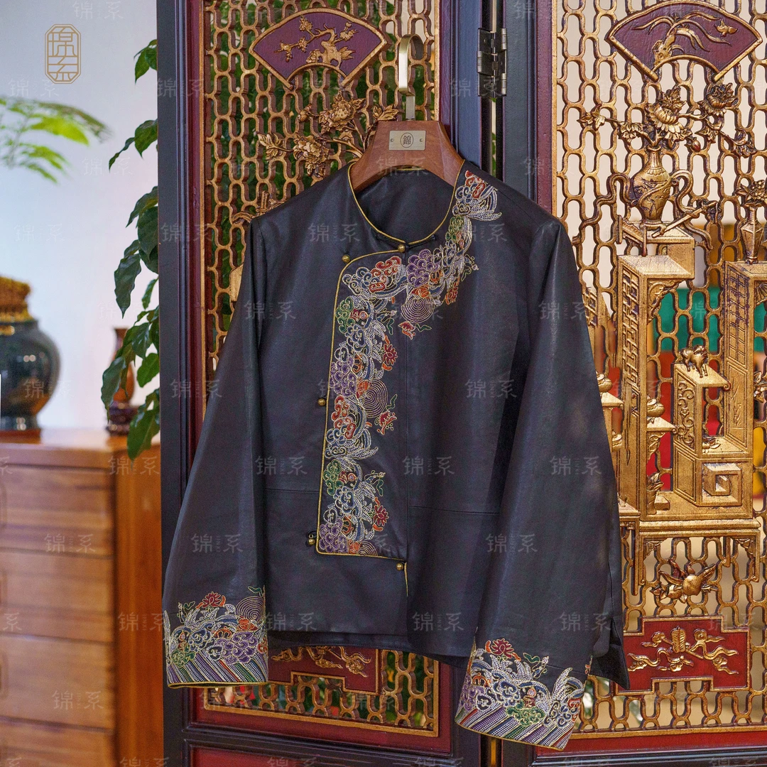 【锦系】羊皮新中式国风绣花圆领斜襟长袖外套EP-36822