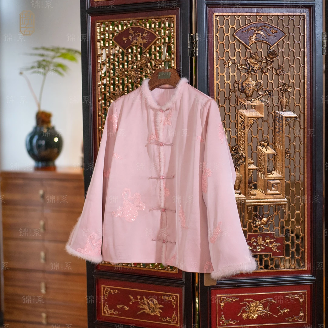 【锦·系】弹力双乔拼水貂毛边新中式桑蚕丝外套W-36764-S3149961
