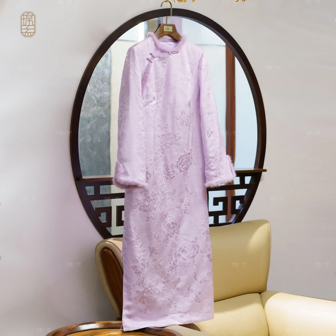 【锦·系】真丝花罗新中式桑蚕丝圆领斜襟加棉长袖连衣裙L-382236