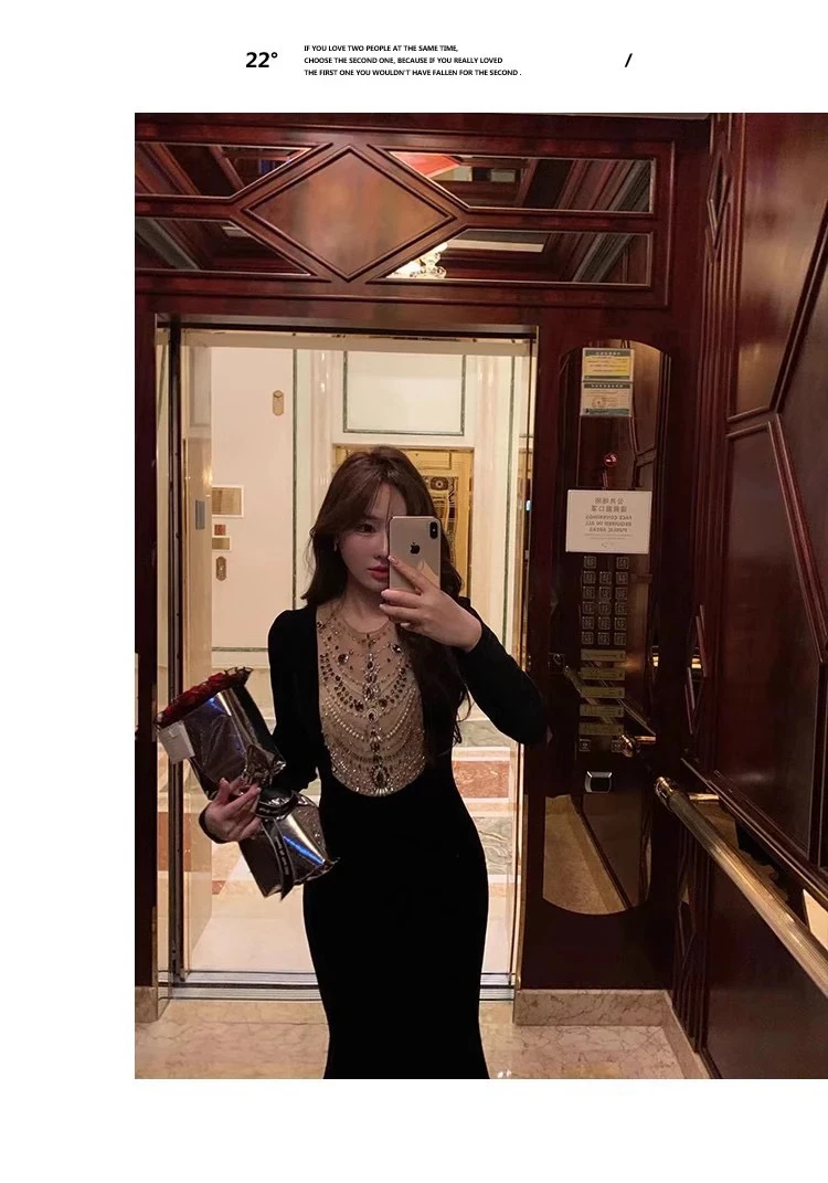 2024秋冬丝绒手工订珠连衣裙小礼服