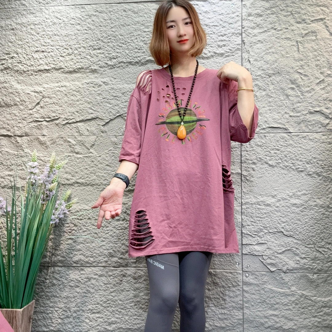 YXR1054夏季新款圆领印花宽松休闲时尚大版2024上新T恤破洞中长款