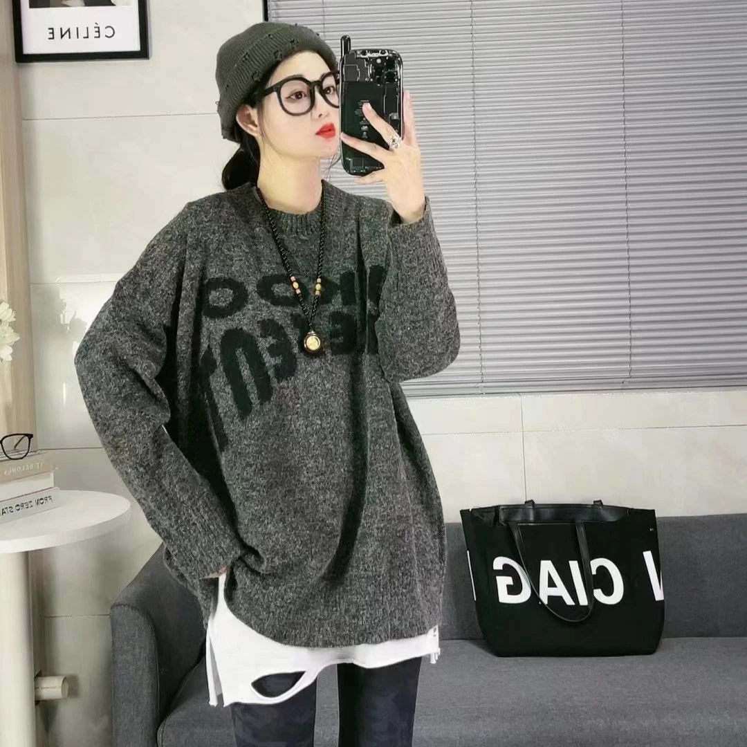 YXR&3885秋冬新款套头针织毛圆领宽松字母长袖卫衣上衣印花慵懒