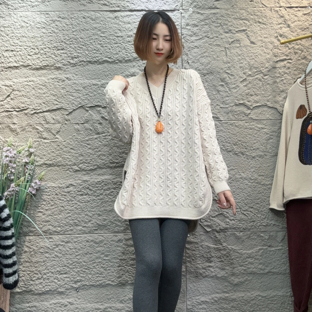 YXR&1188秋冬时尚新款V领（单件）毛衣宽松休闲大版百搭2024开叉款