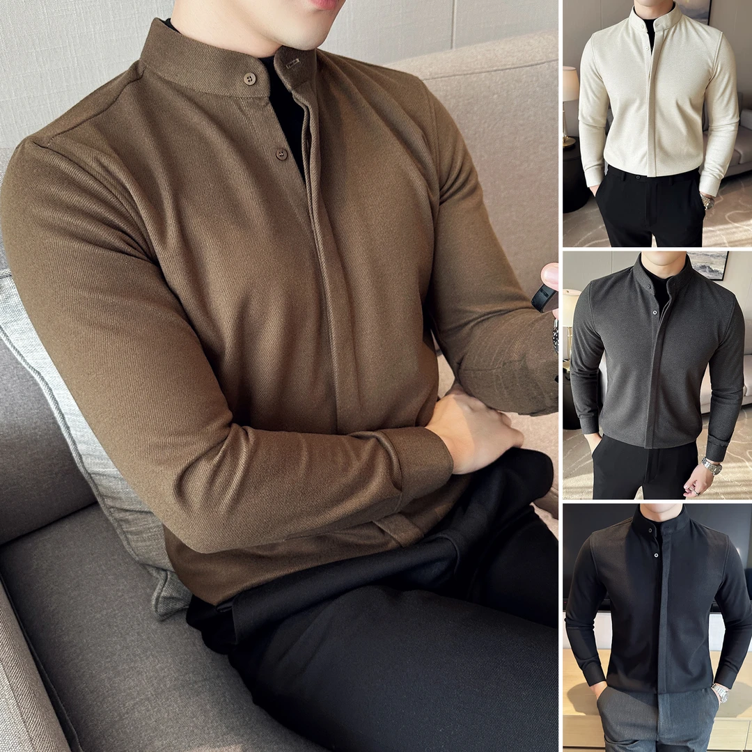假两件立领衬衫男款长袖秋冬季毛呢男装痞帅上衣男士暗扣呢子衬衣