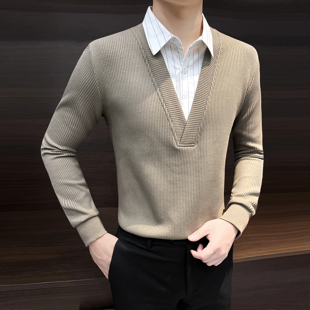 假两件男士卫衣爆款2025新款高级感条纹衬衫领华夫格秋冬男装上衣