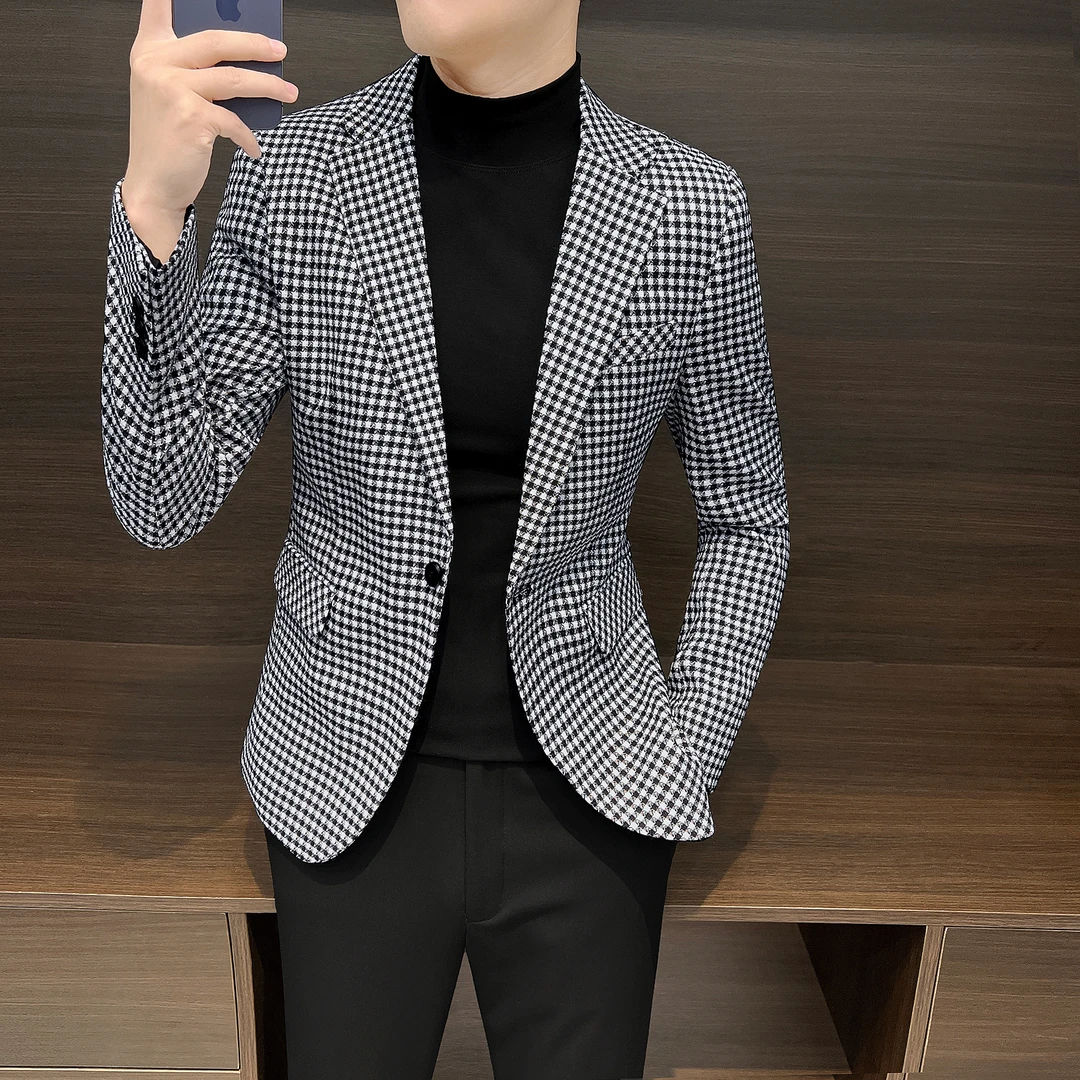 千鸟格休闲西装外套男款爆款2025新款英伦雅痞男装男士小西服上衣