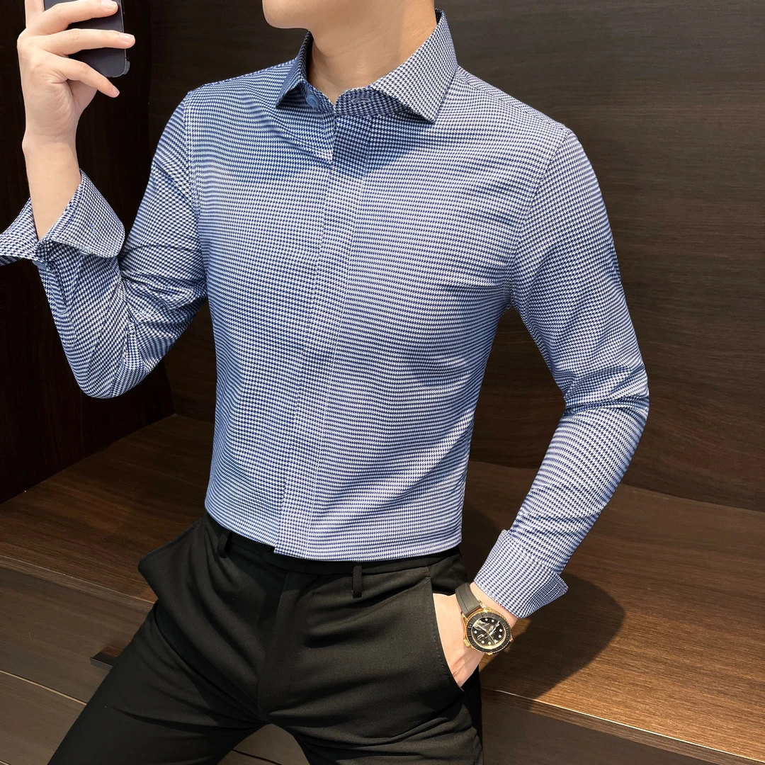 莫代尔千鸟格男士长袖衬衫爆款2025新款秋季款温莎领痞帅男款衬衣