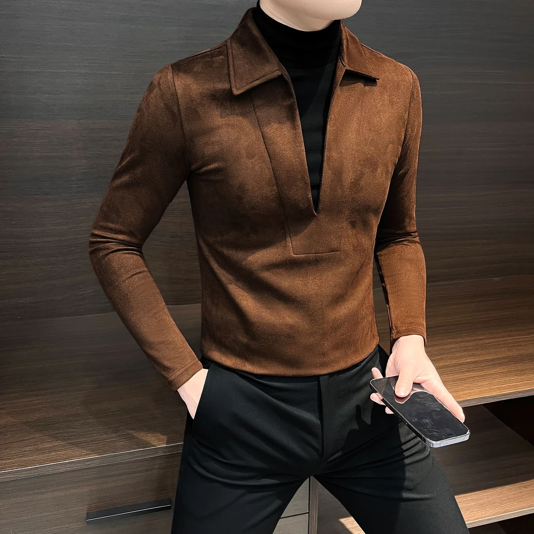 假两件长袖衬衫男款秋冬款V领成熟痞帅男装潮流修身男士休闲衬衣