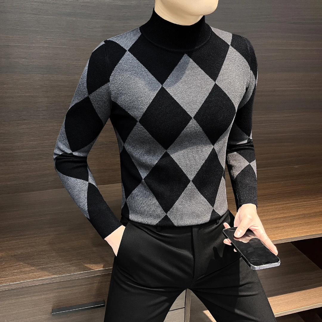 菱形格毛衣男款冬季30岁到35岁痞帅男装半高领内搭男士针织打底衫