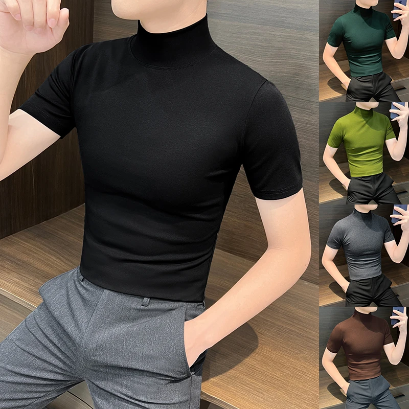 半高领短袖t恤男款爆款2025新款修身男装痞帅男士西装内搭打底衫