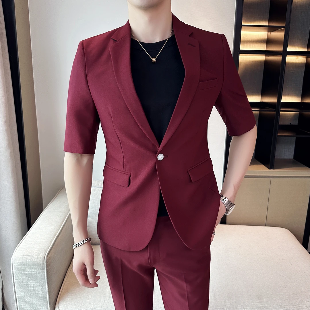 中袖休闲西装套装男款痞帅高级感男装一整套短袖男士秋季西服薄款