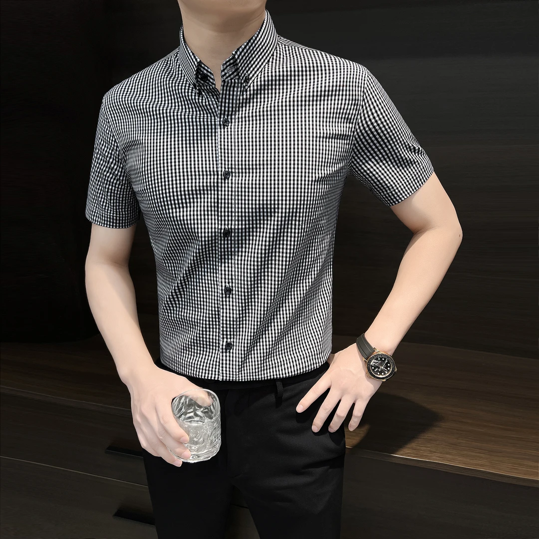 格子短袖衬衫男款夏季薄款冰丝爆款2025新款商务修身男士休闲衬衣