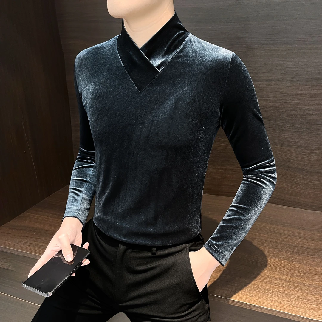 金丝绒长袖T恤男款秋冬2025网红新中式男装复古高级感男士打底衫