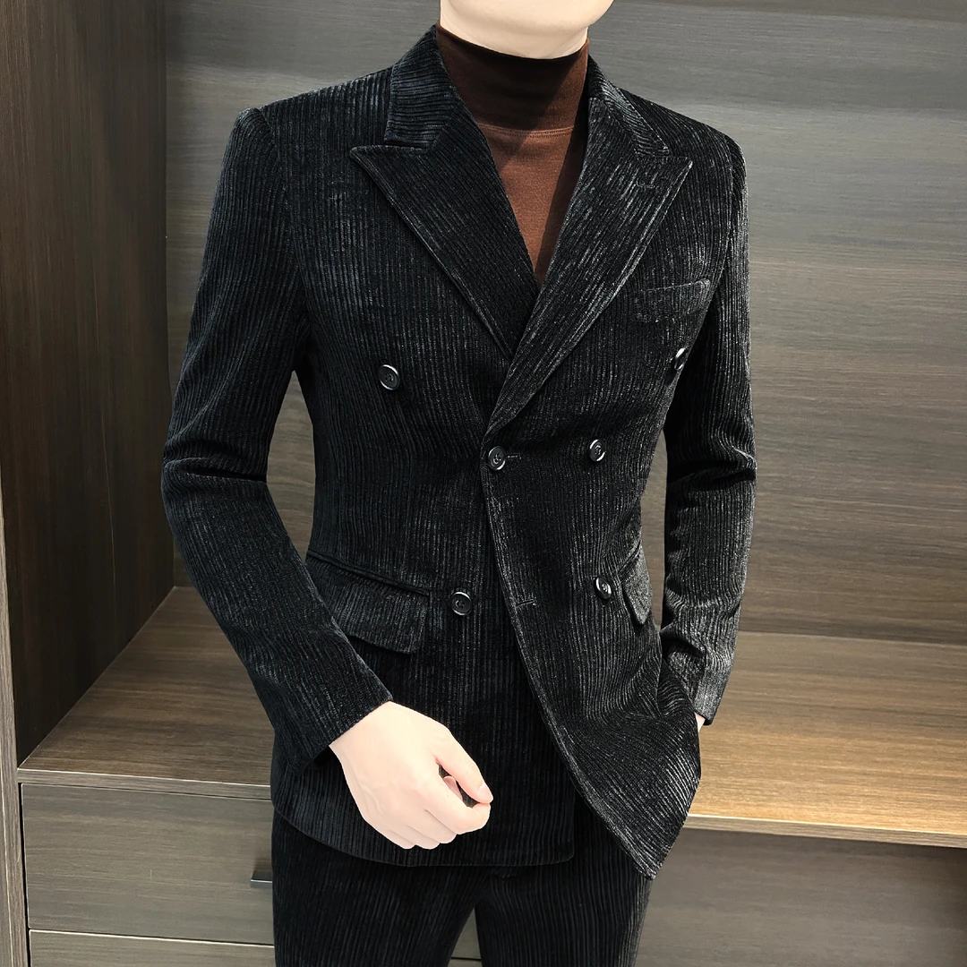 雪尼尔休闲西装外套男款英伦雅痞风2025痞帅男装戗驳领男士小西服