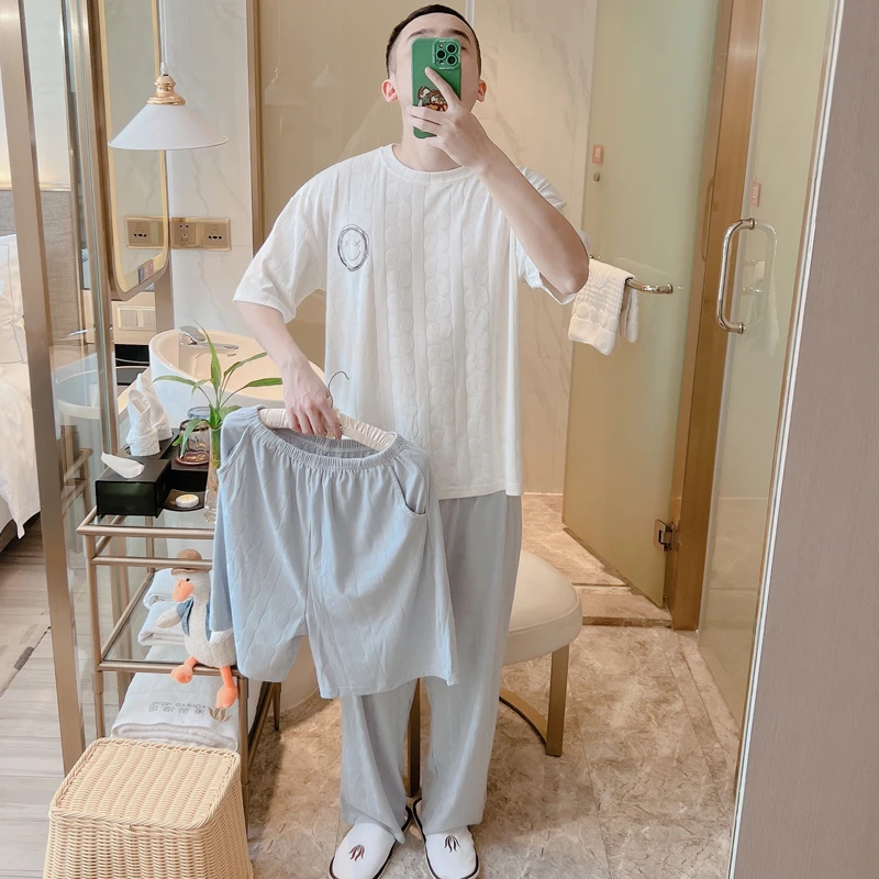 三件套夏季纯色短袖长裤男士睡衣夏天薄款青少年卡通加大码家居服