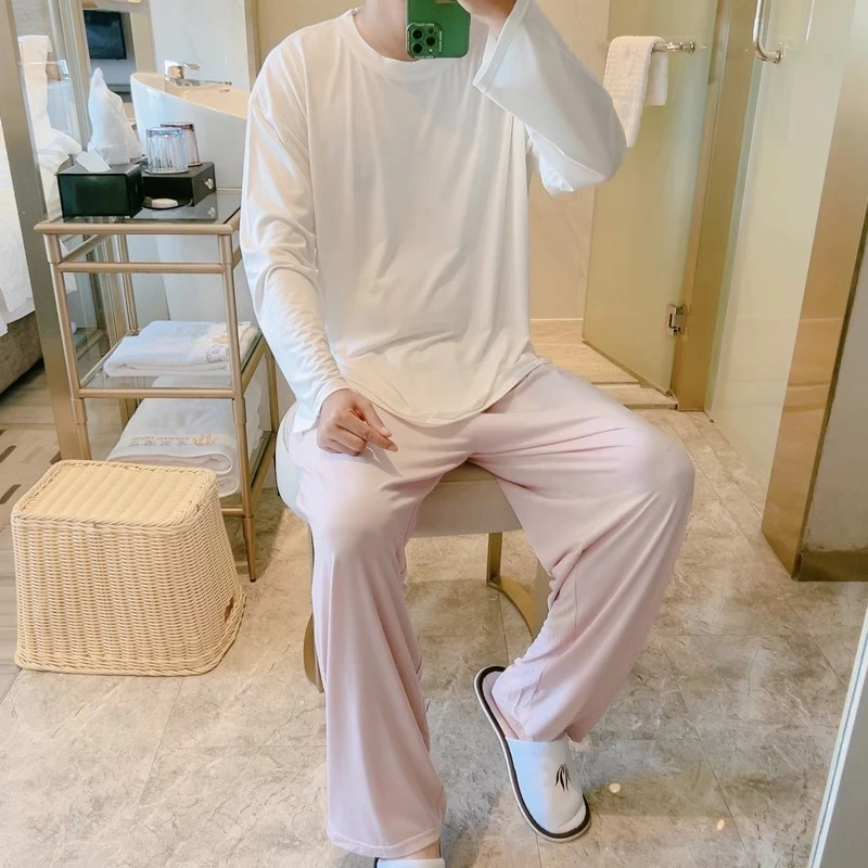 休闲新品睡衣男士春秋夏季莫代尔长袖长裤空调服薄款家居服可出门